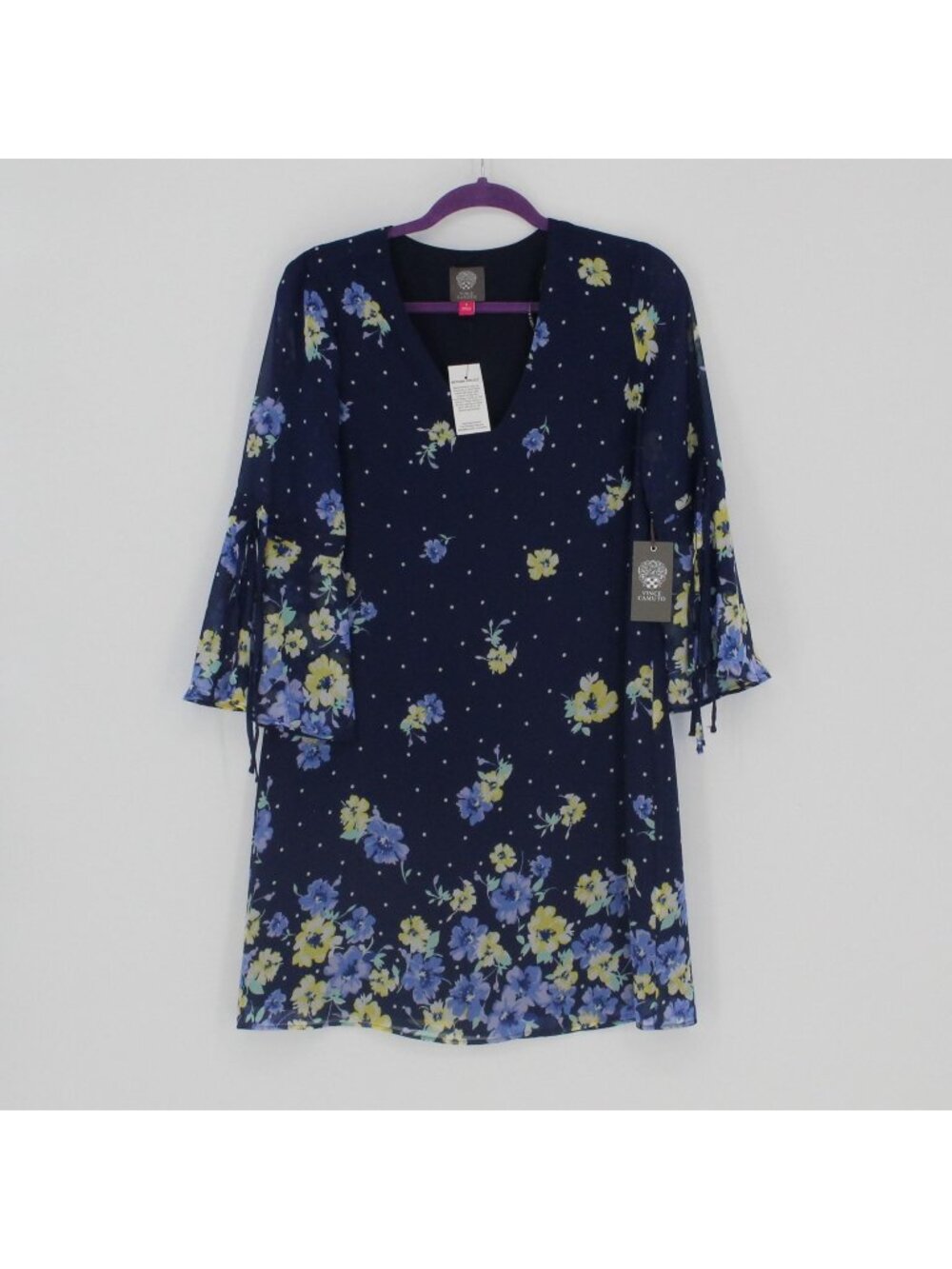 NEW Vince Camuto Navy Floral Bell Sleeve Dress Women Size Large